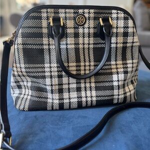 Tory Burch Black and White Plaid Satchel with Gold Logo